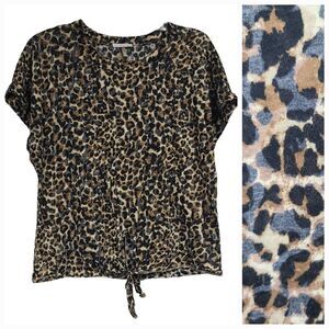 Molly Rose Leopard Print Knit Top Tie Front Pullover Dolman Sleeve Blouse Shirt
